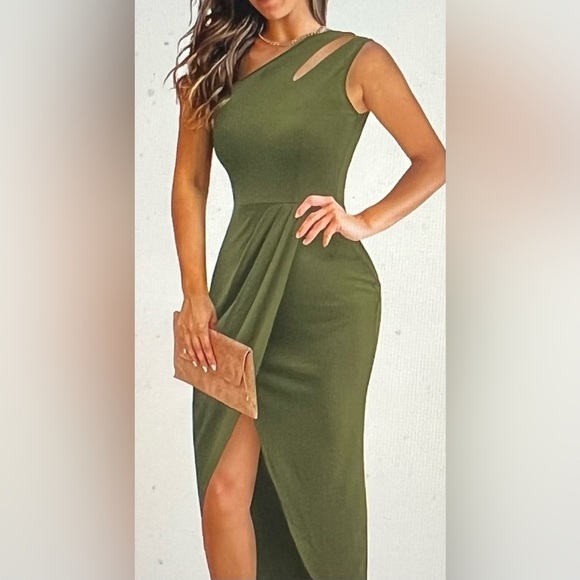 Royal Matrix Green Women's Sexy One Shoulder Cutout Ruched Bodycon Dress - Picture 1 of 11